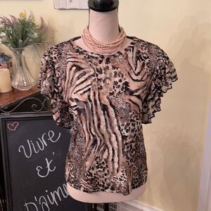 Zara Sz S Jungle Print Stretch Lace Ruffle Flutter Slv Top